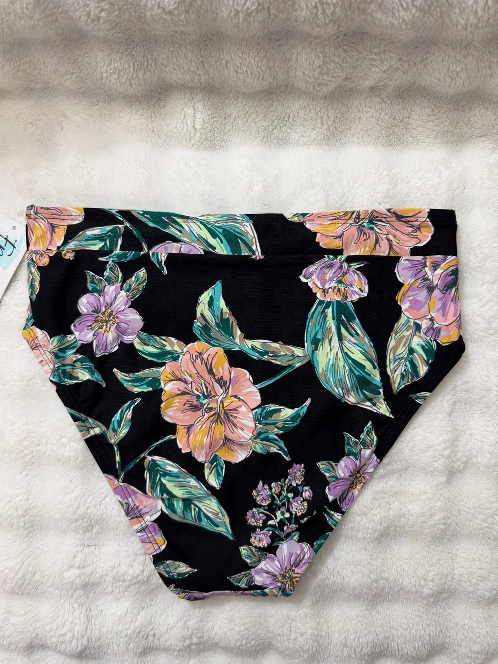 NWT Fresh Water High-Waist Tropical Print Bikini Bottoms Black Floral Size Small